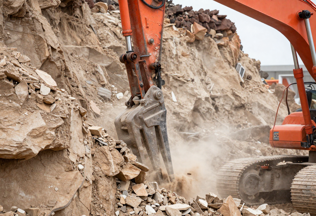 Close-up view of site excavation with hydraulic rock breaker attachment breaking up sandstone