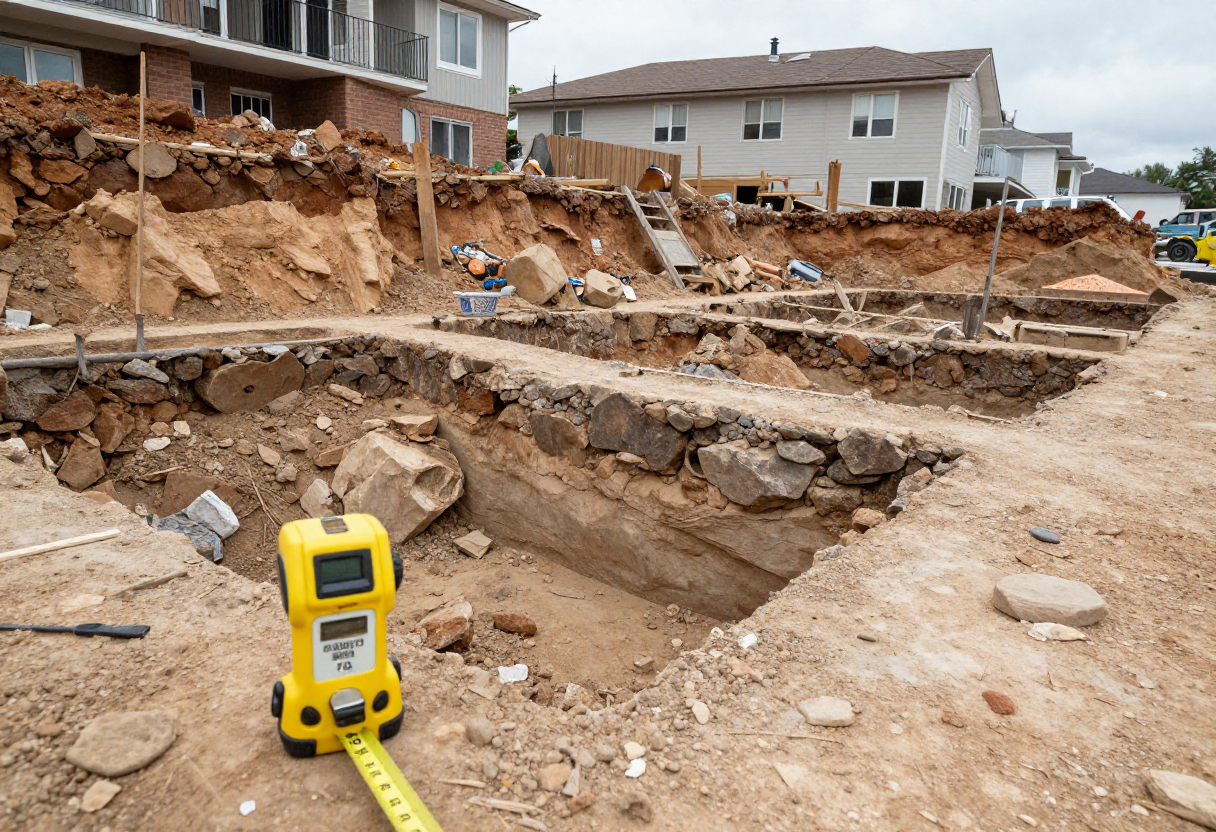 Foundation excavation on sloping residential block showing stepped footing trenches