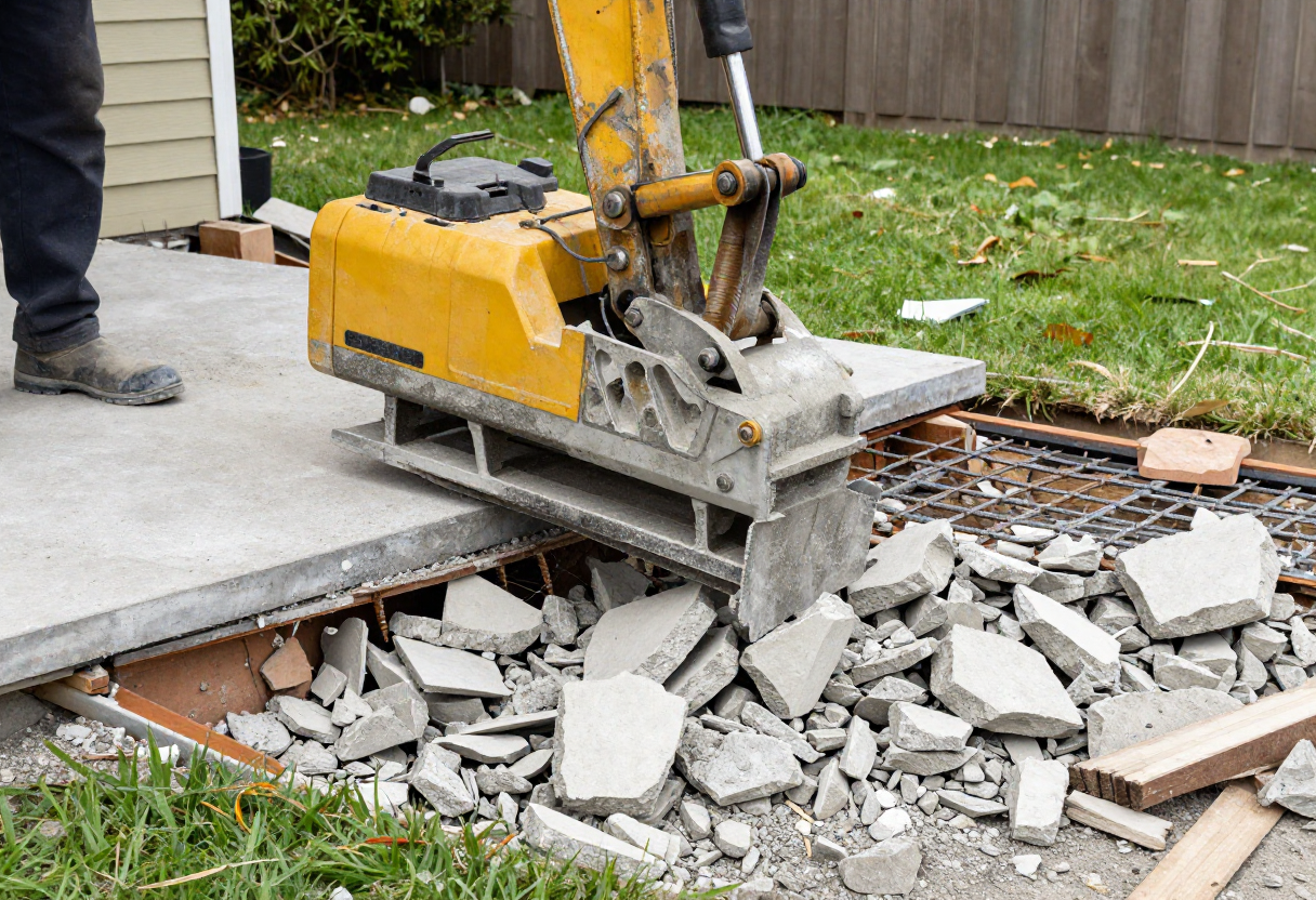 Hydraulic concrete breaker on a residential house slab demolition