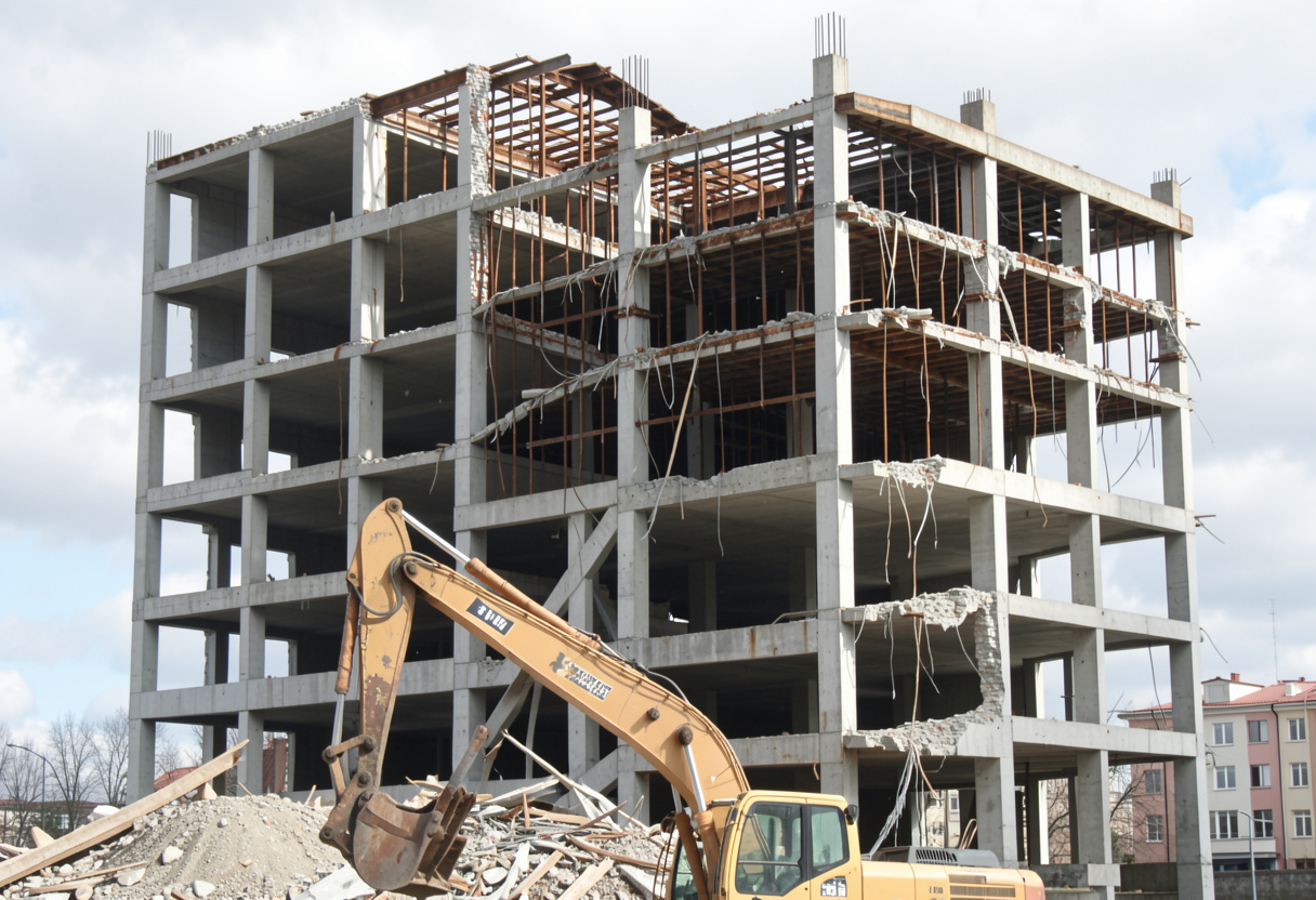 Multi-story concrete structure mid-demolition