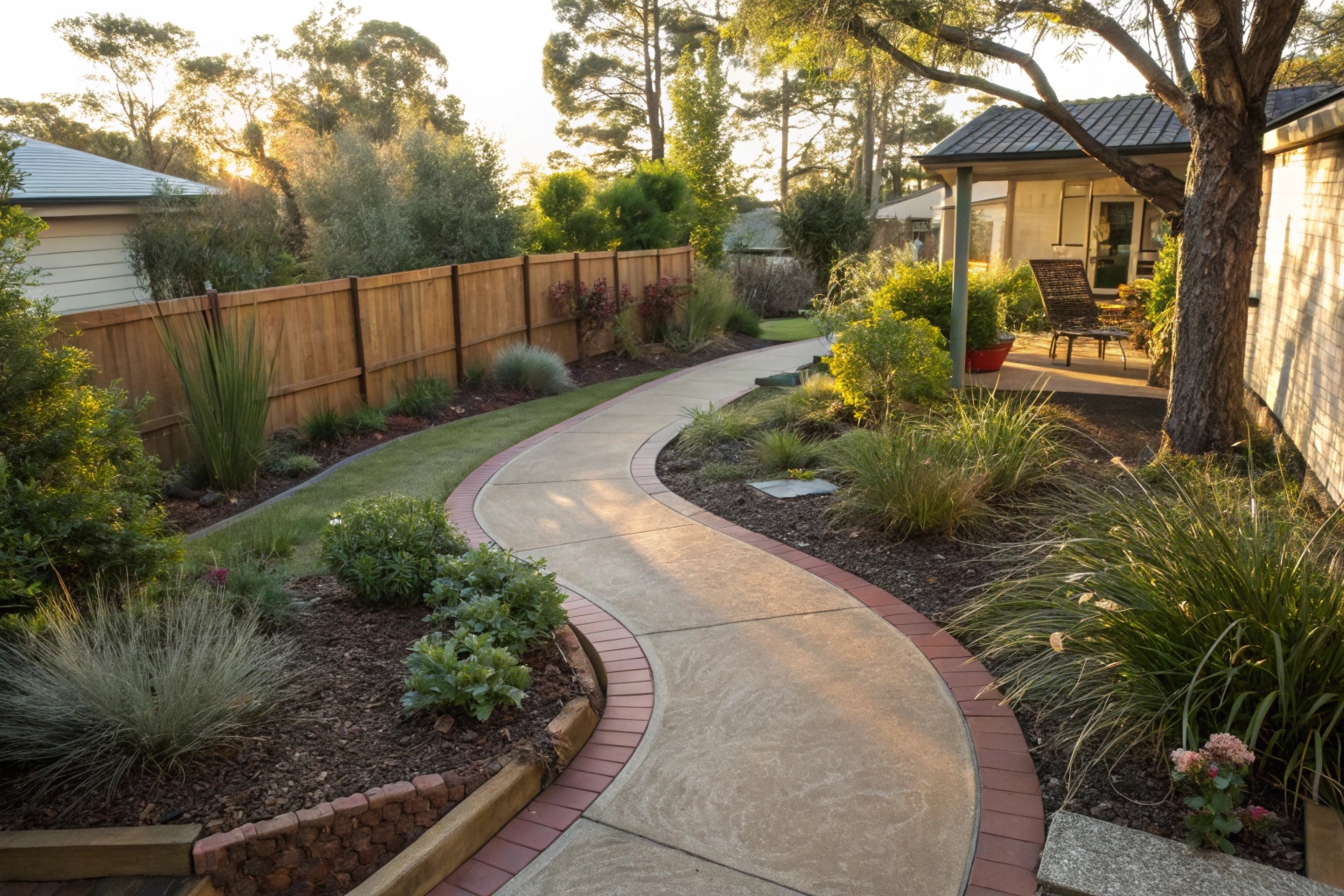 Coloured concrete garden pathway through landscaped Newcastle backyard
