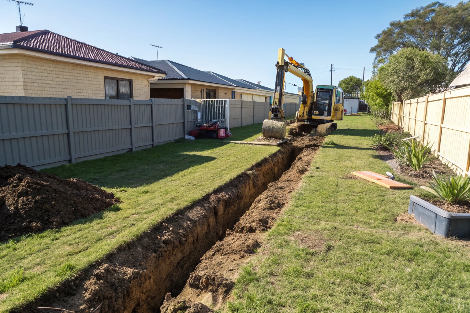 Trenching services excavator digging utility trench in Newcastle residential backyard