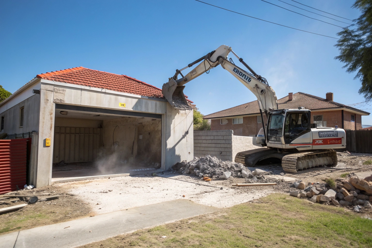 excavator-with-hydraulic-breaker-removing-an-old-c Excavator demolishing concrete garage structure in Newcastle residential property