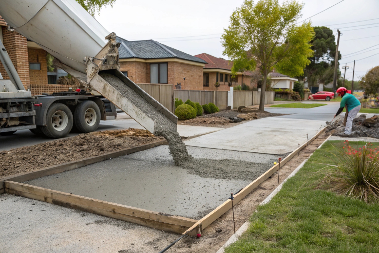 Fresh ready mix concrete pouring Newcastle driveway construction