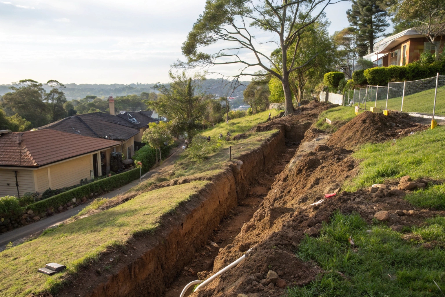 Drainage trench excavation on sloping Newcastle property for stormwater installation