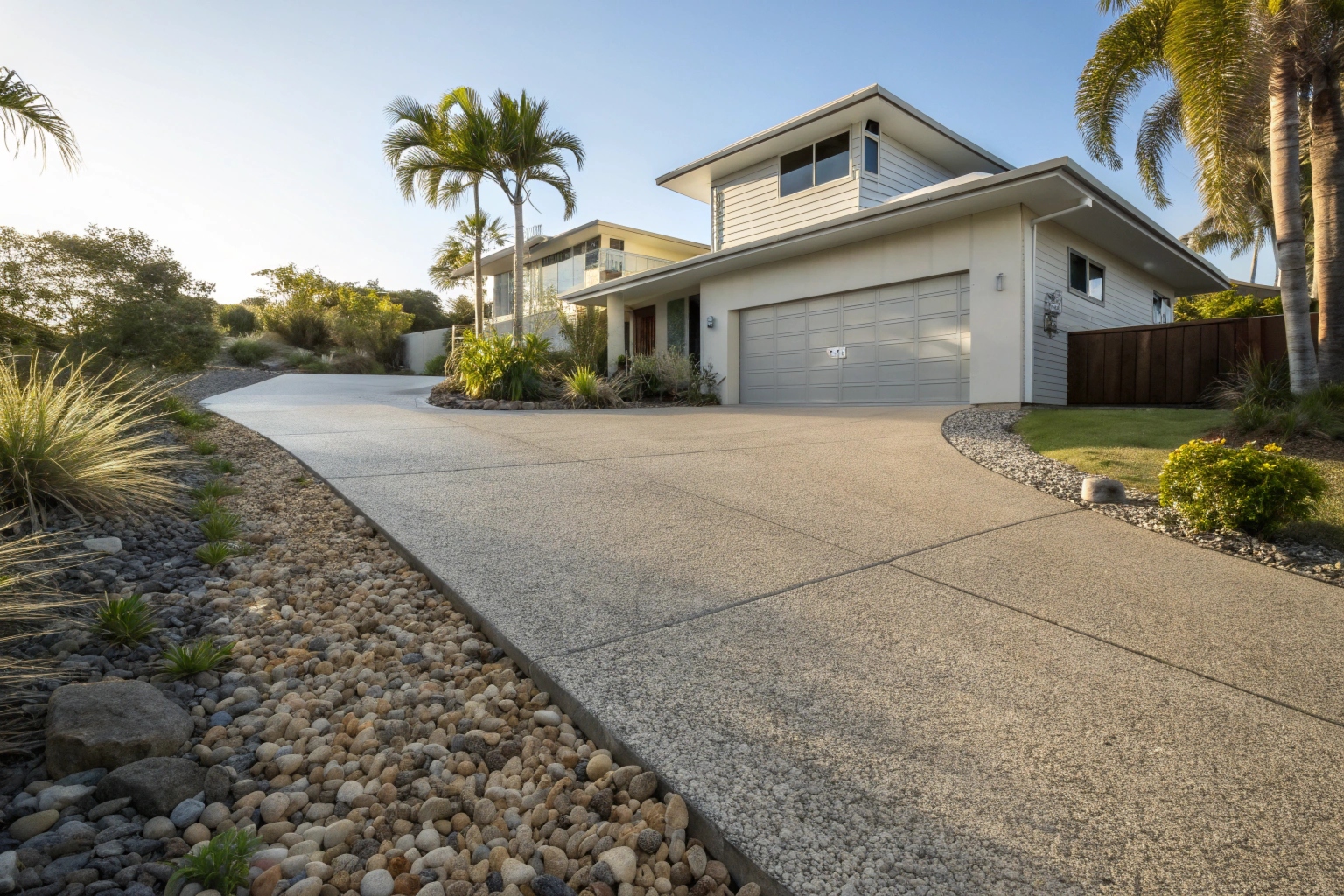modern-australian-coastal-home-with-exposed-aggreg Exposed aggregate driveway with natural stone finish at Newcastle coastal home