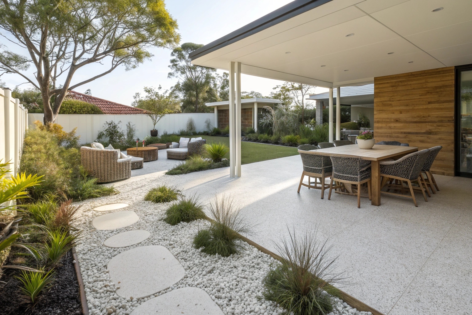 White quartz exposed aggregate patio for outdoor entertaining in Newcastle