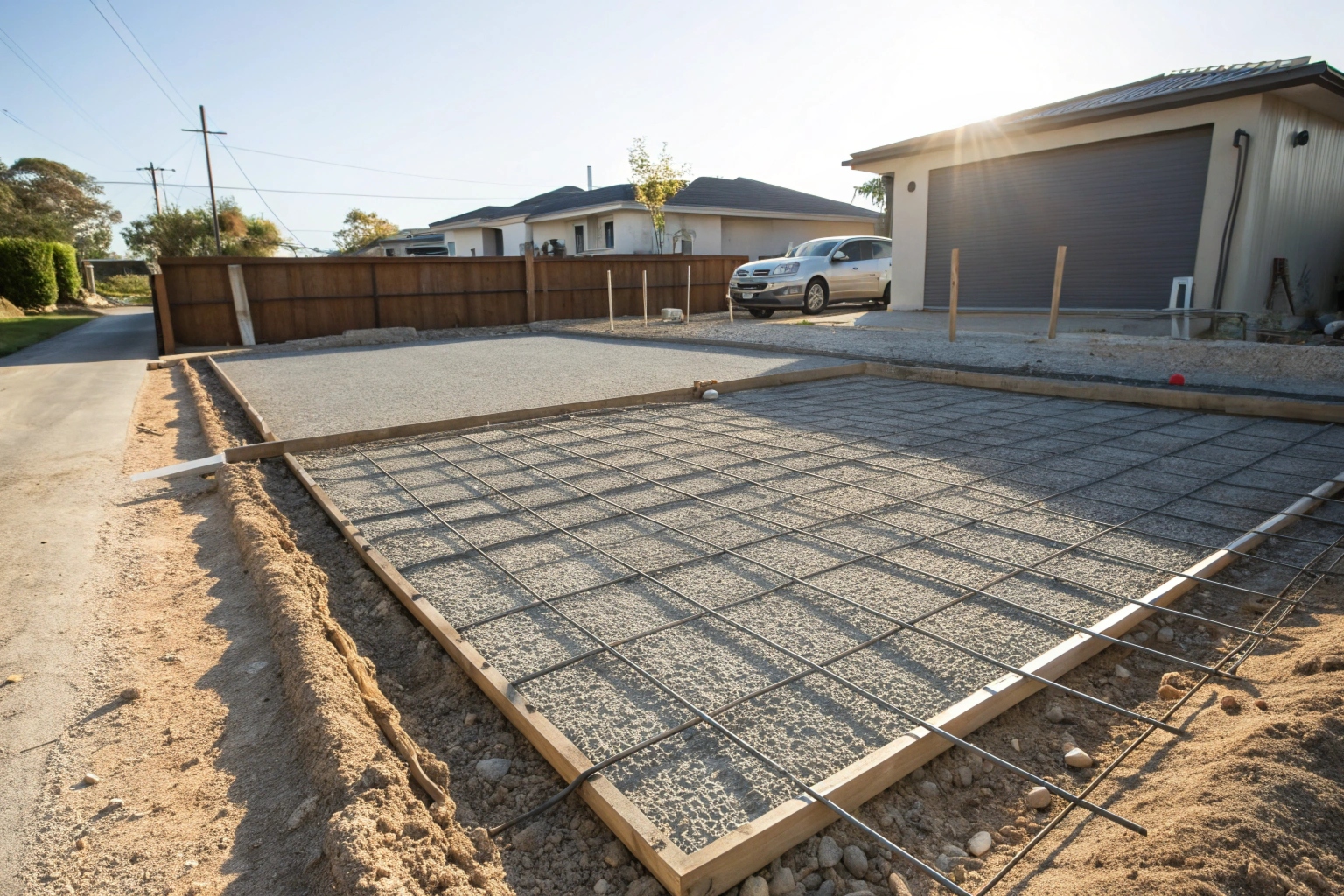steel reinforcement mesh on compacted base before concrete slab pour Newcastle