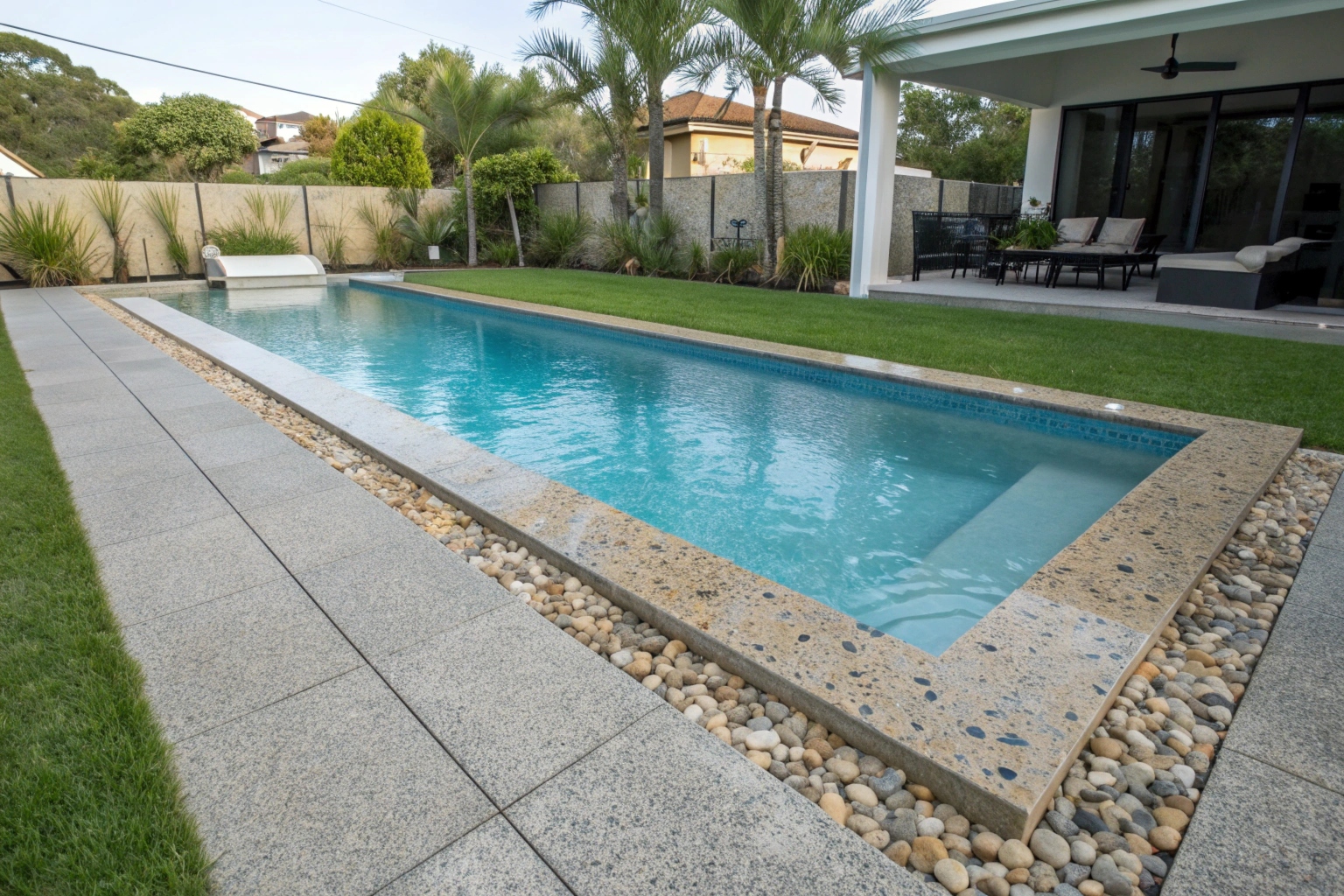 Non-slip exposed aggregate pool surround with decorative stone finish