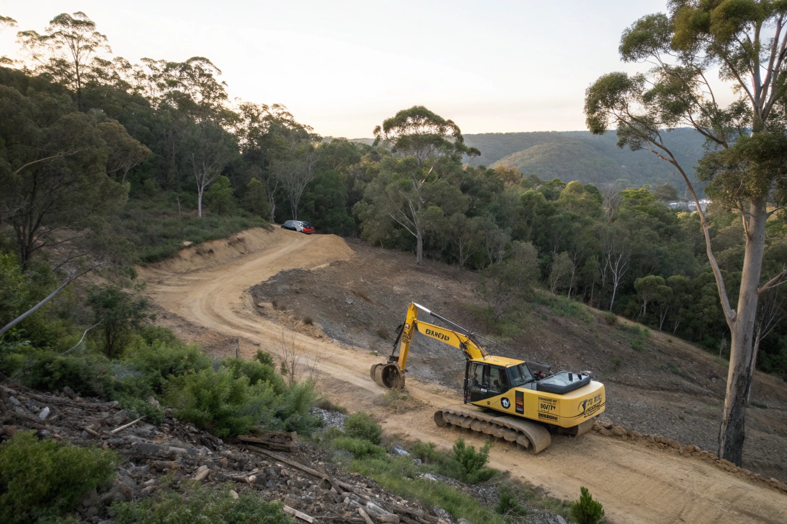Excavator leveling sloped site for construction in Newcastle